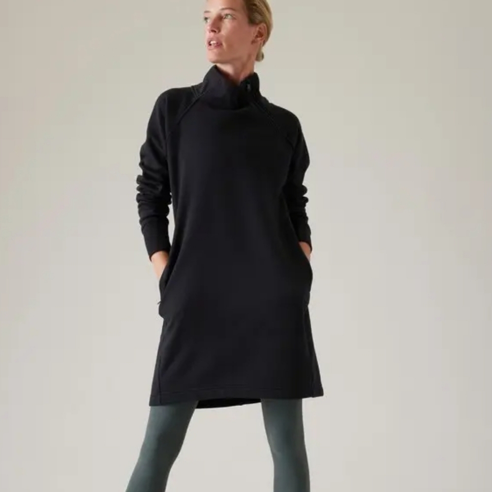 Athleta Black Cozy Karma Long Sleeve Zip Neck Sweatshirt Dress Size XS